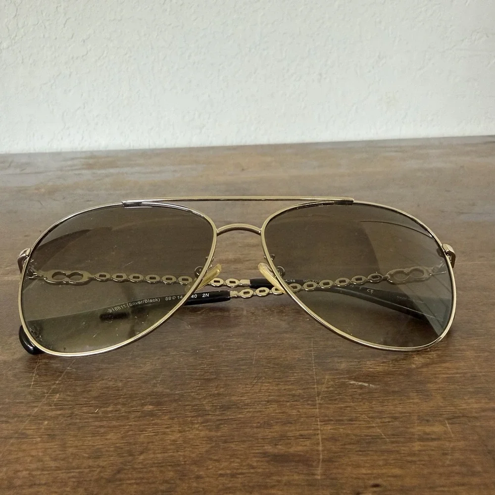 Coach Bree Sunglasses HC7045-L085 Vintage Silver Black 59-14-140 Y2K Aviator